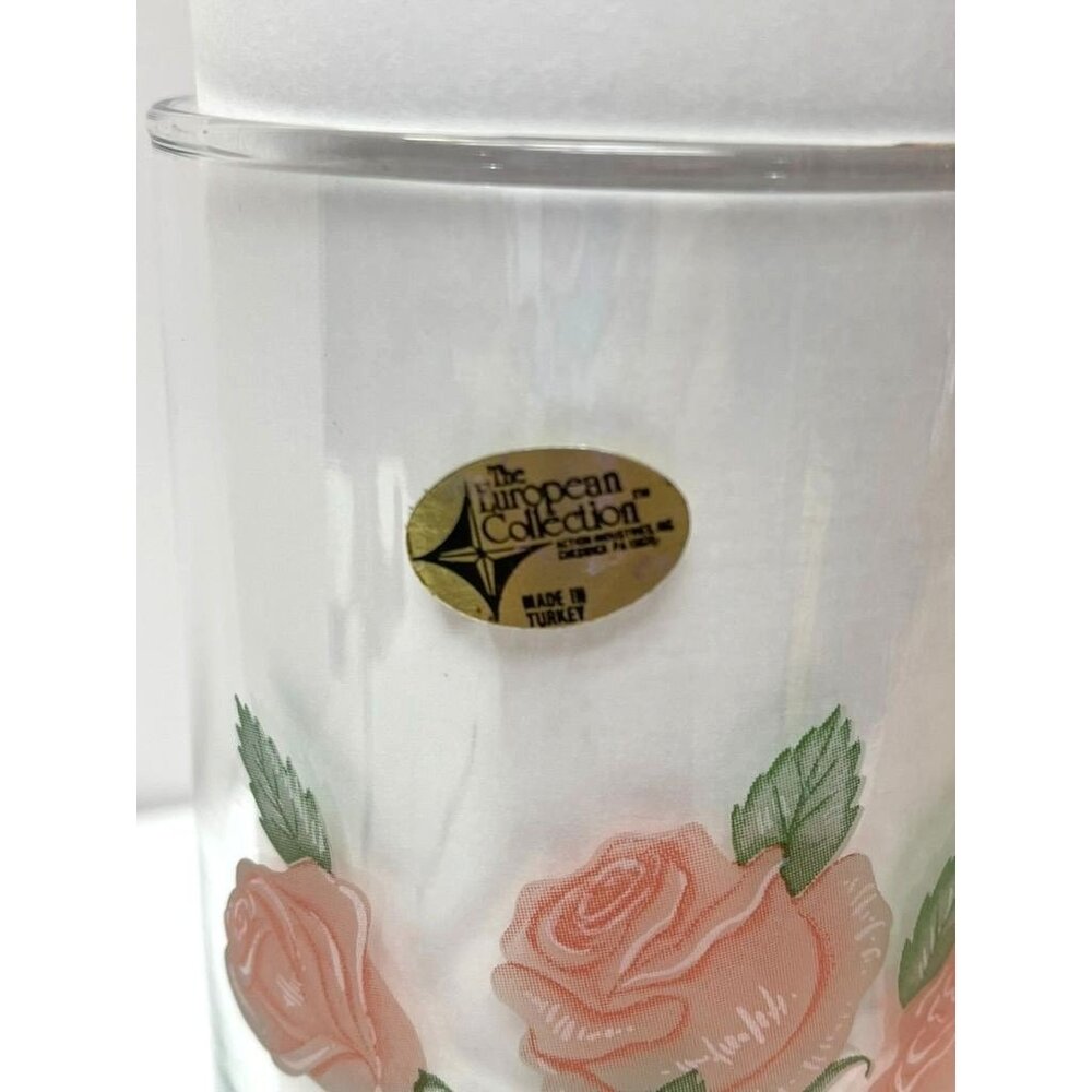 Enameled Etched Floral Clear Glass Vase Pink Roses European Collection Turkey - Picture 4 of 7